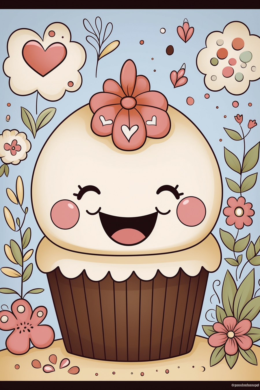 A cartoon cupcake with flowers and hearts.