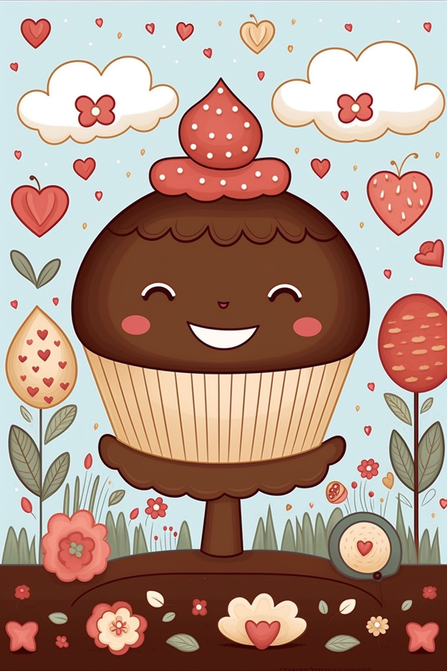 A cartoon cupcake with hearts and flowers in the background.