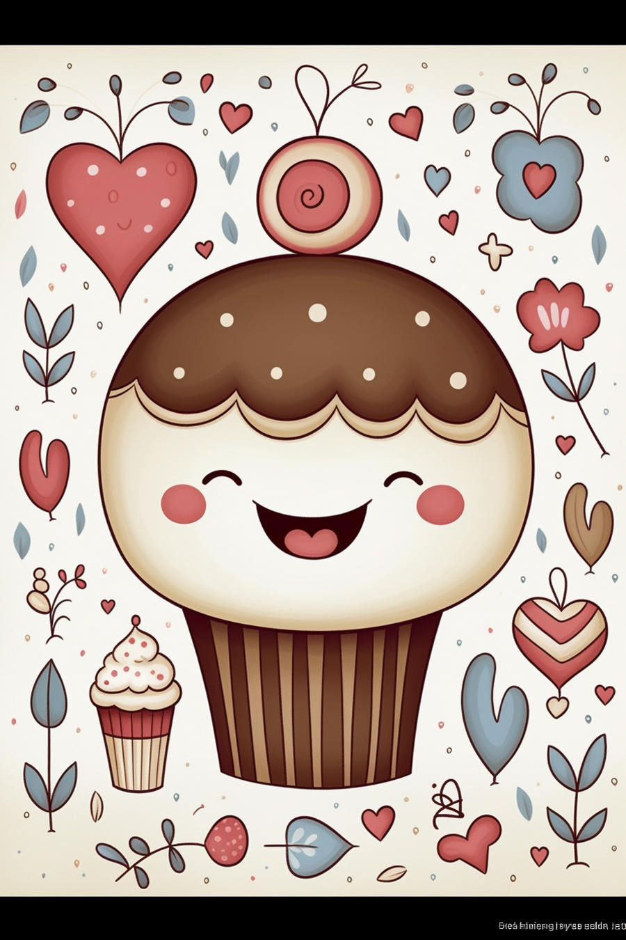 An illustration of a cupcake with hearts and flowers.