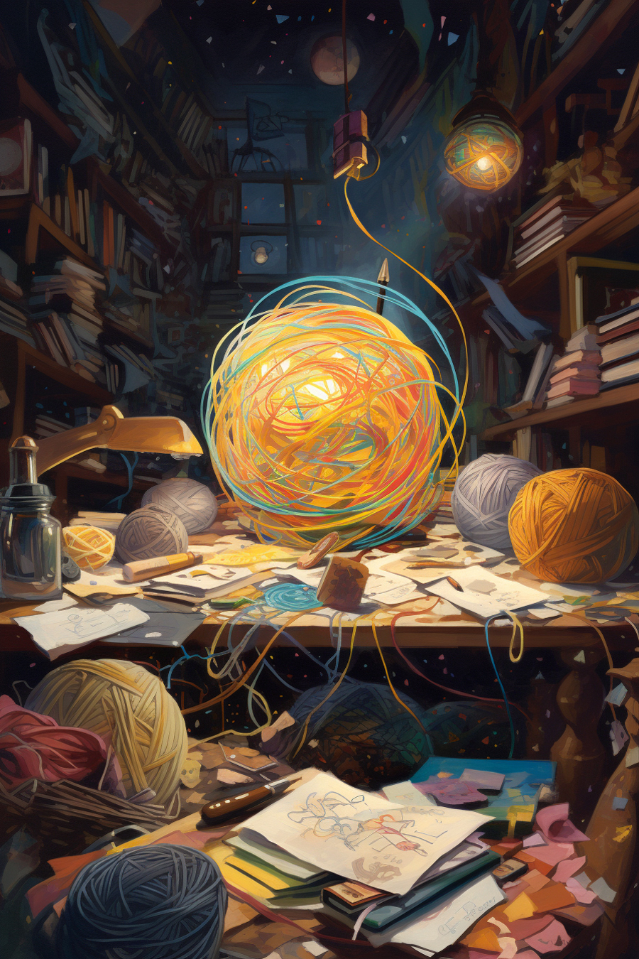 A painting of a yarn ball on a table.