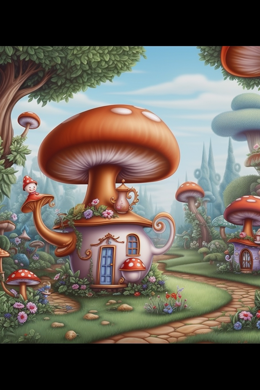 An image of a mushroom house in the forest.