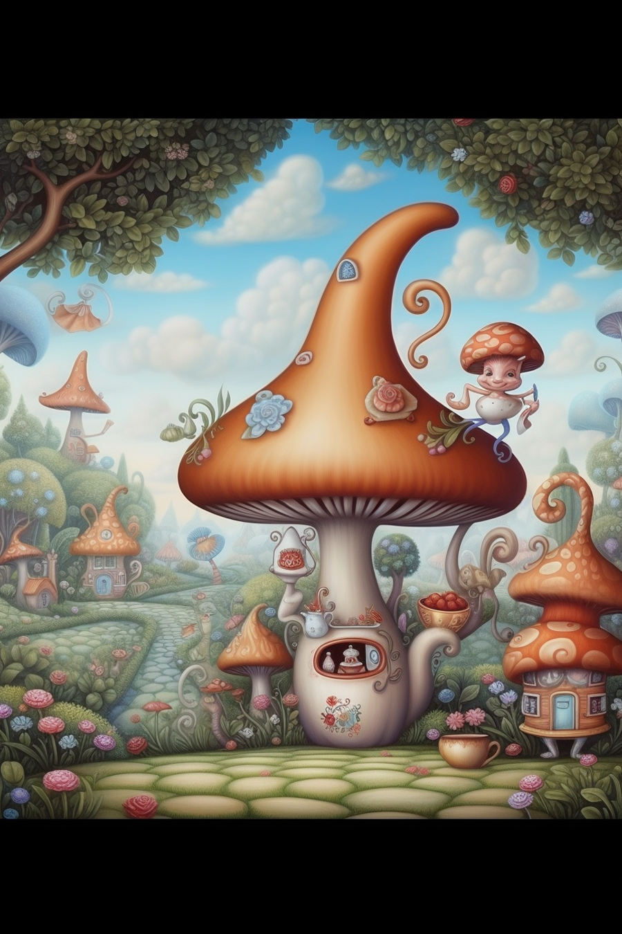A painting of a mushroom house in a forest.