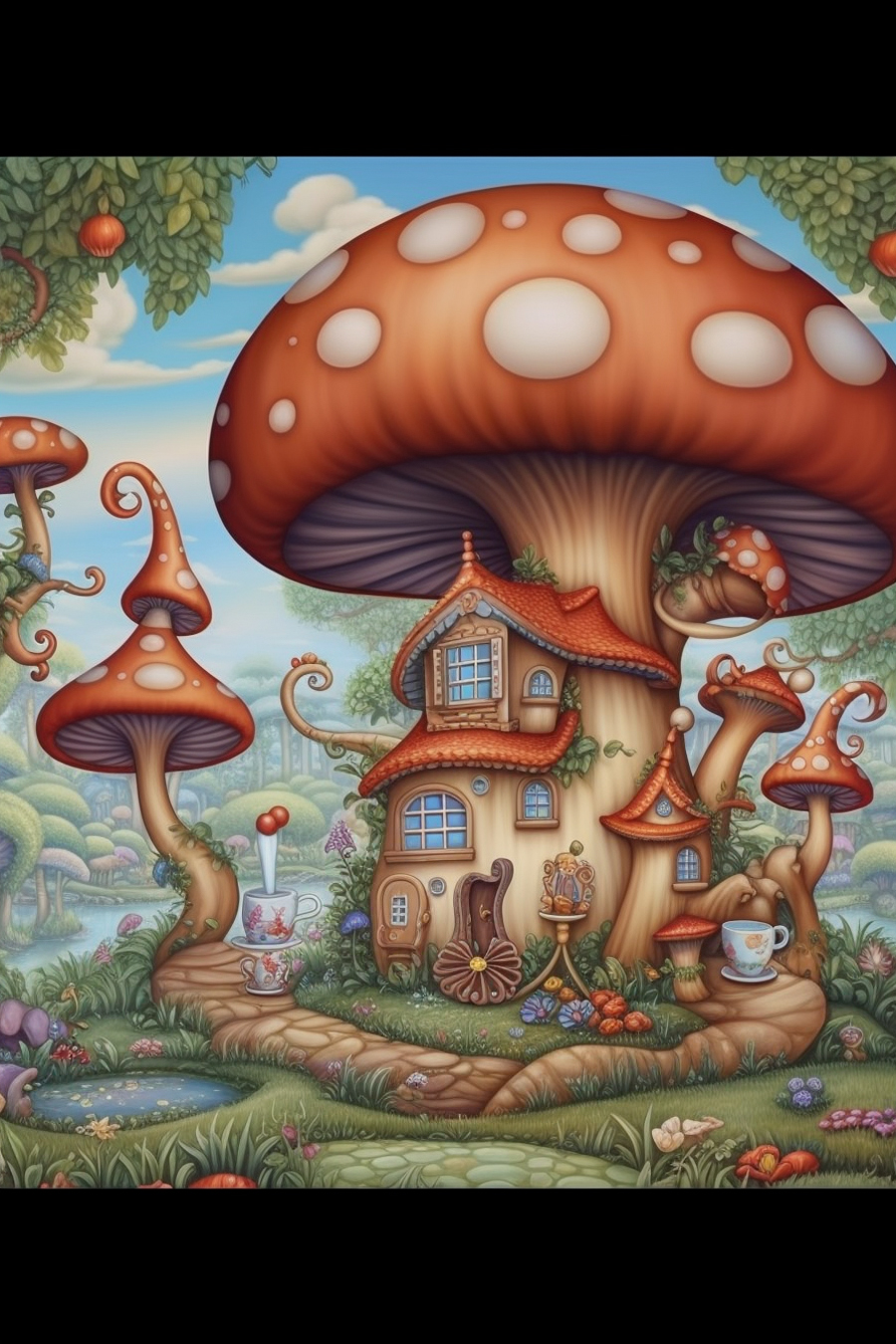 A painting of a mushroom house in the forest.