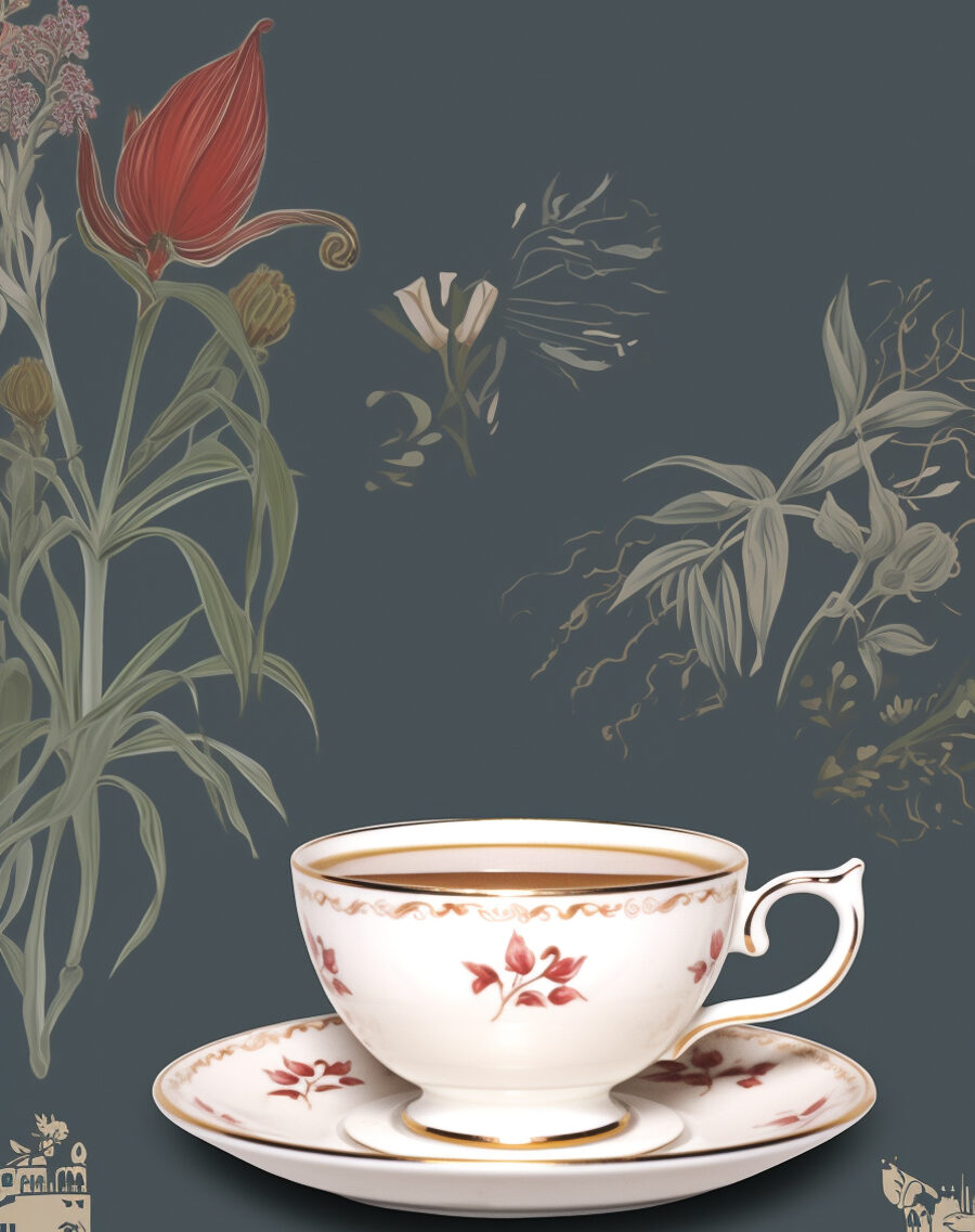 A cup of tea with flowers on it.