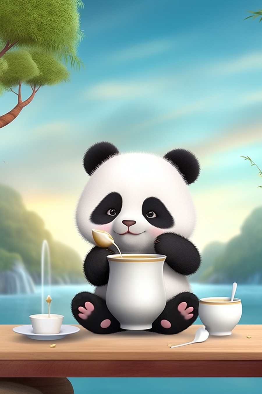 A panda bear is sitting on a table and drinking tea.