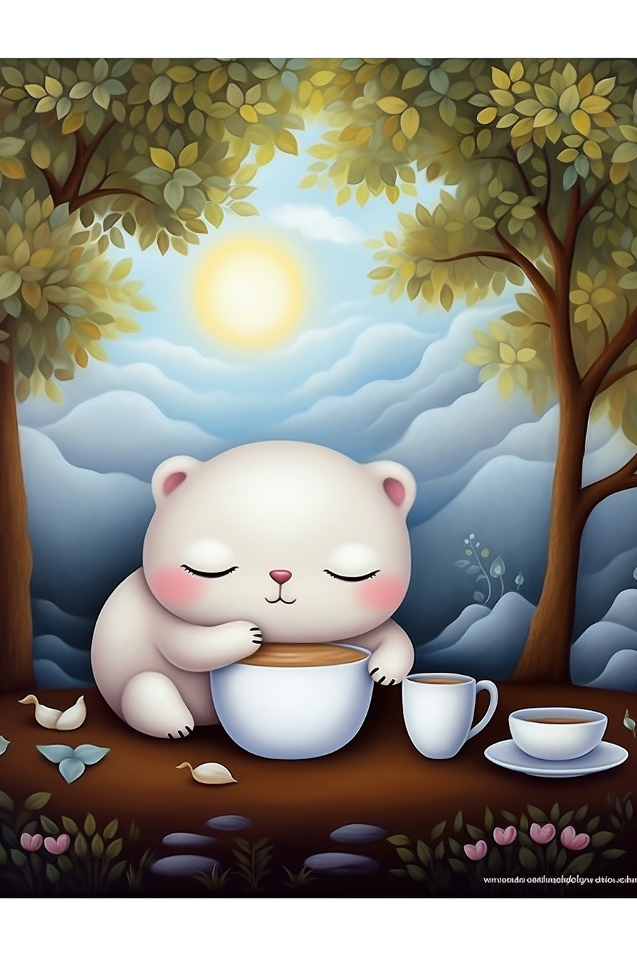 A white polar bear with a cup of tea in the woods.