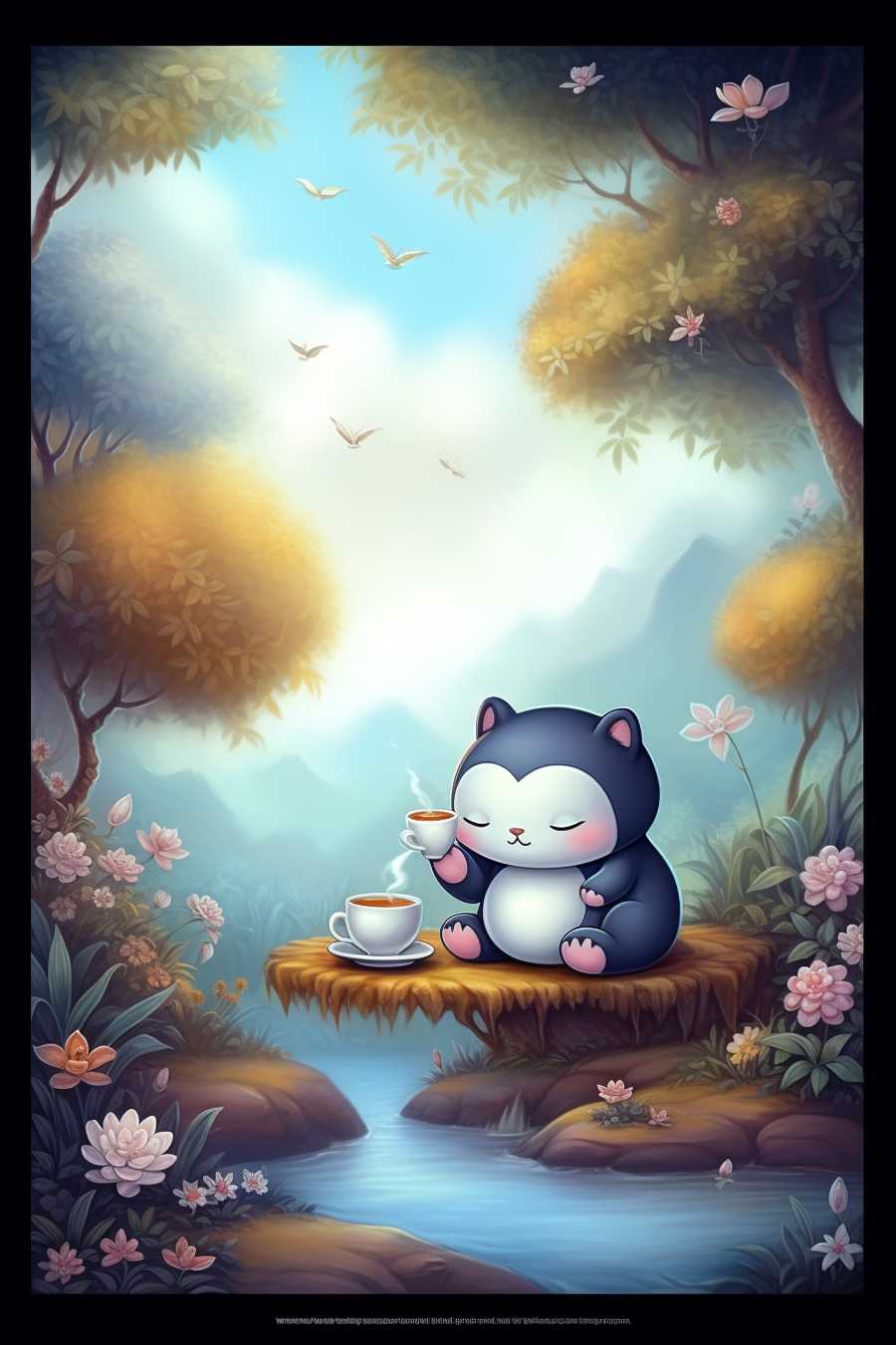 An illustration of a cat sitting on a river with a cup of tea.