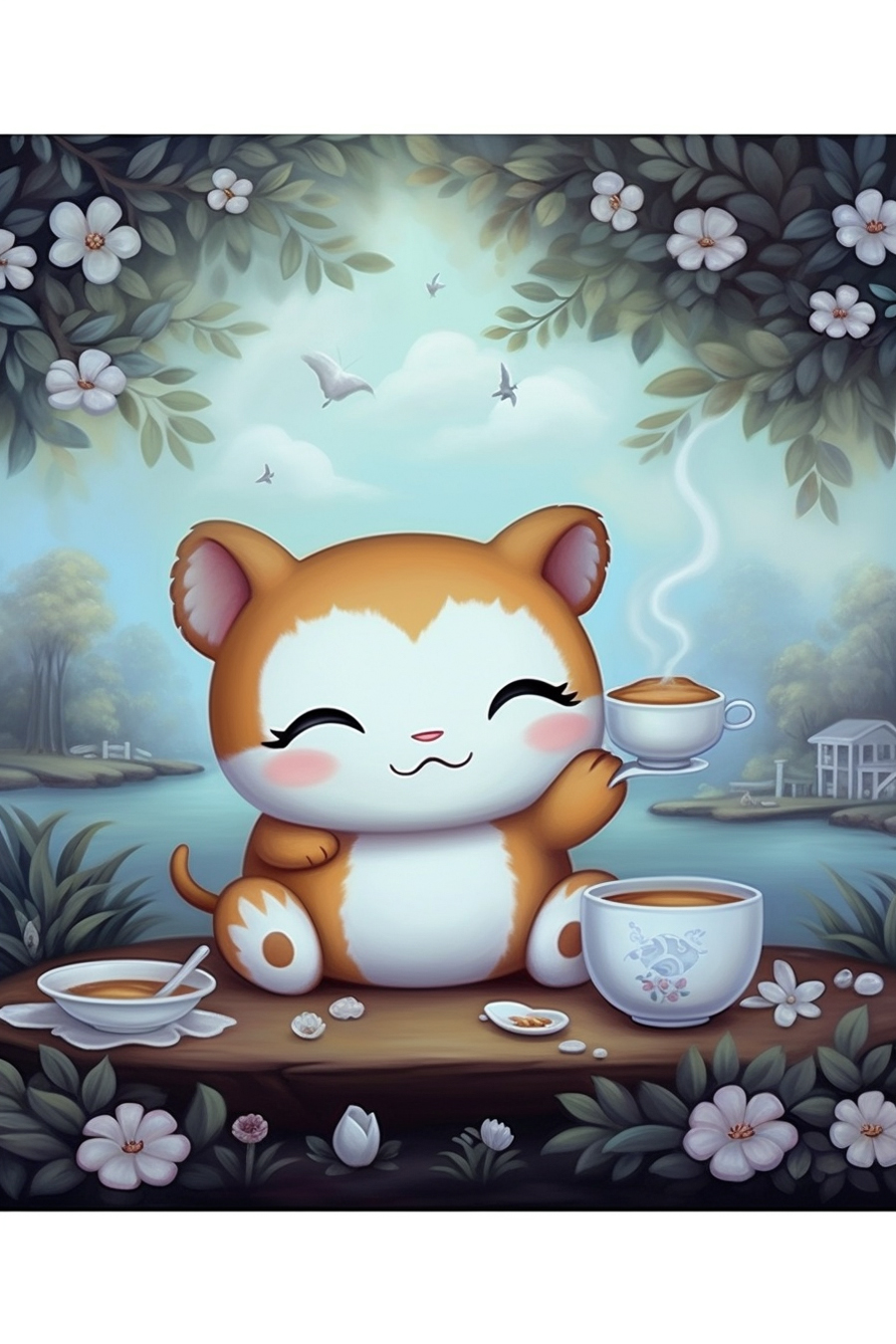 A painting of a cat with a cup of tea.
