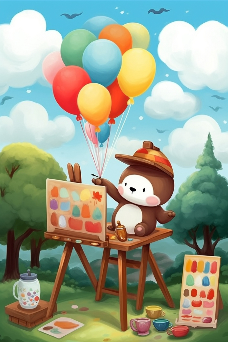 A cartoon bear painting with balloons in the park.