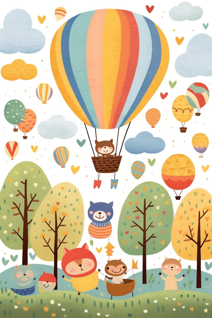 A cartoon illustration of animals flying in a hot air balloon.
