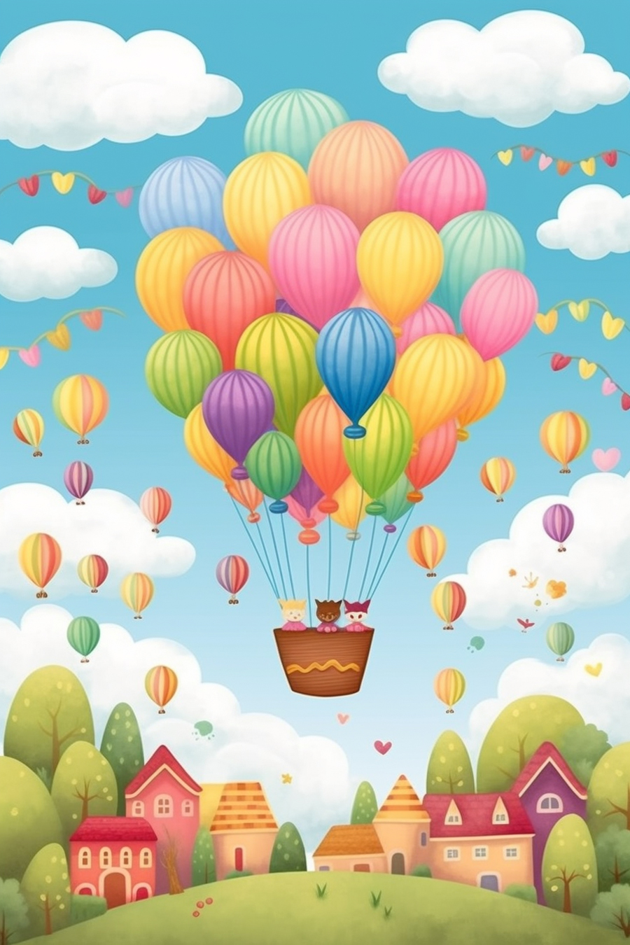 Hot air balloons flying in the sky over a village.
