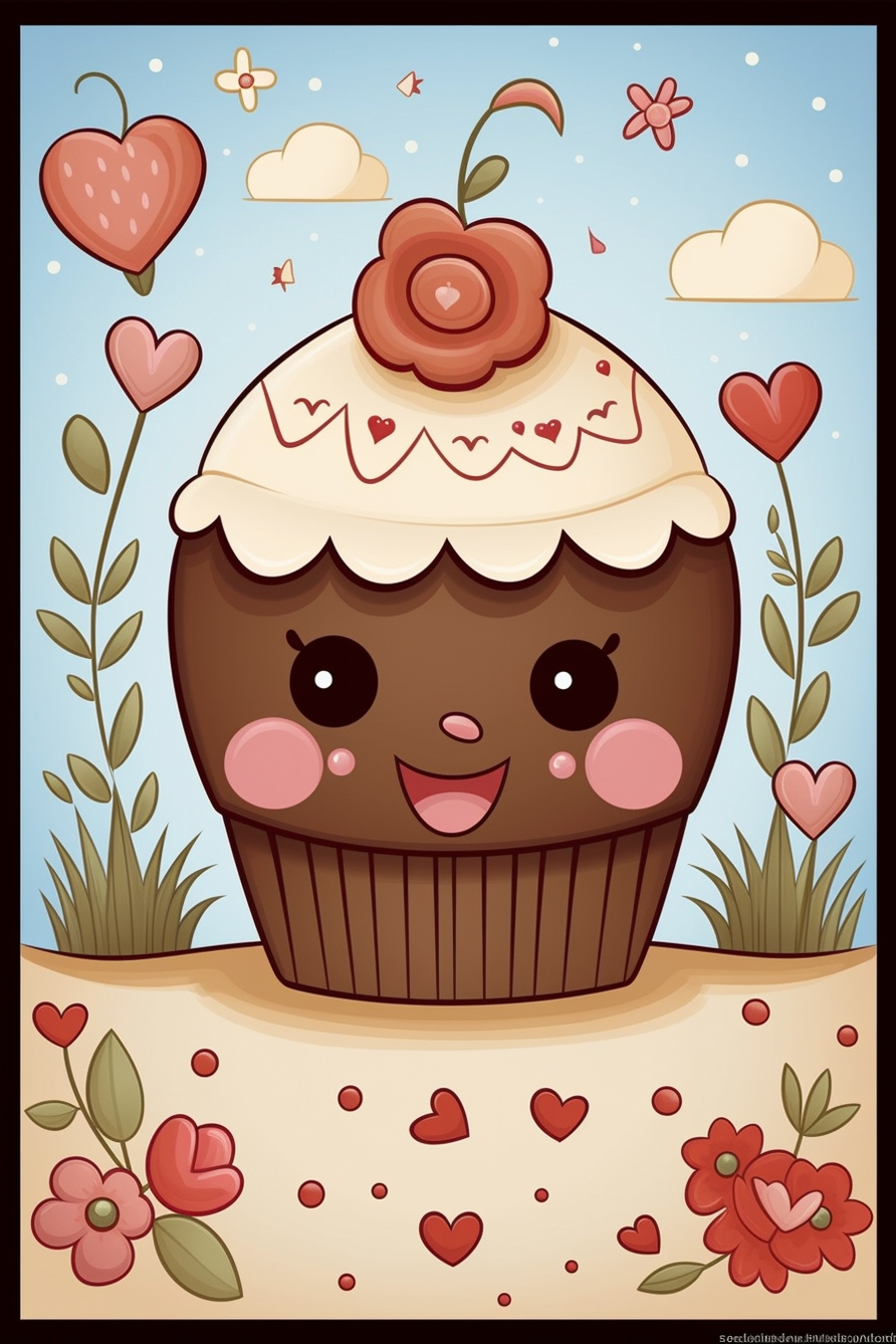 A cartoon cupcake with hearts and flowers.
