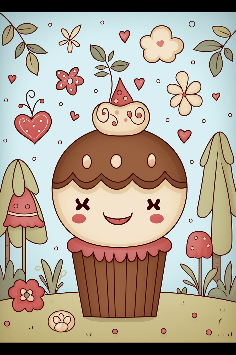 A cartoon cupcake with hearts and flowers.