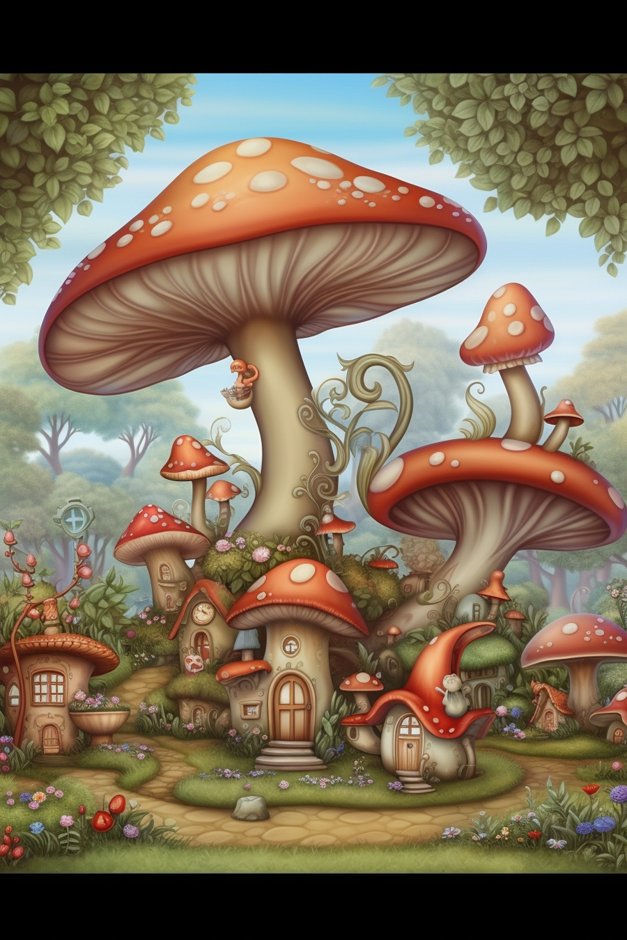 An illustration of a mushroom village in the forest.