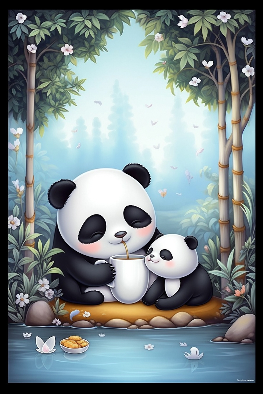 A panda bear and a panda cub drinking tea.