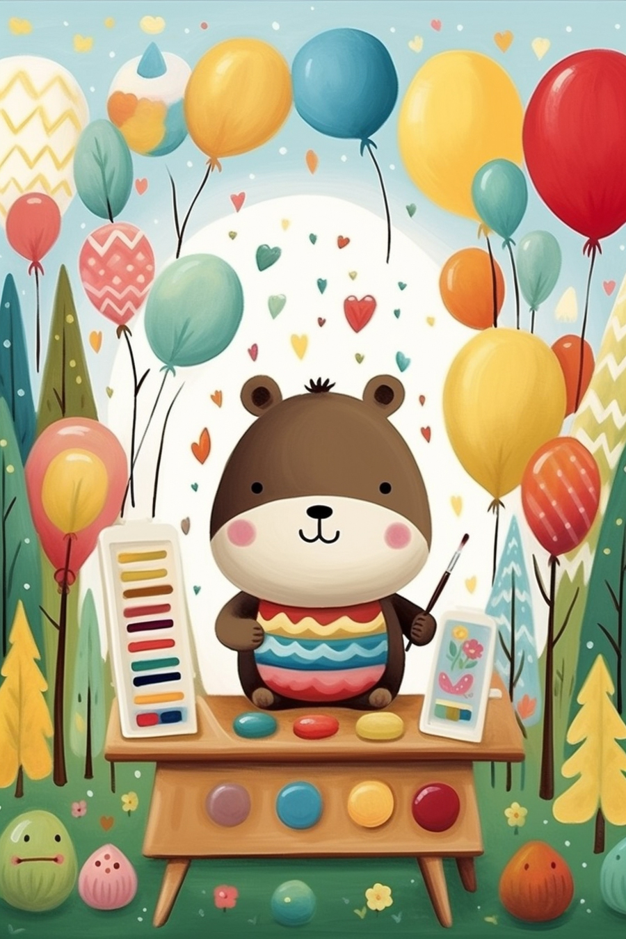 A cartoon bear painting with paints and balloons in the forest.
