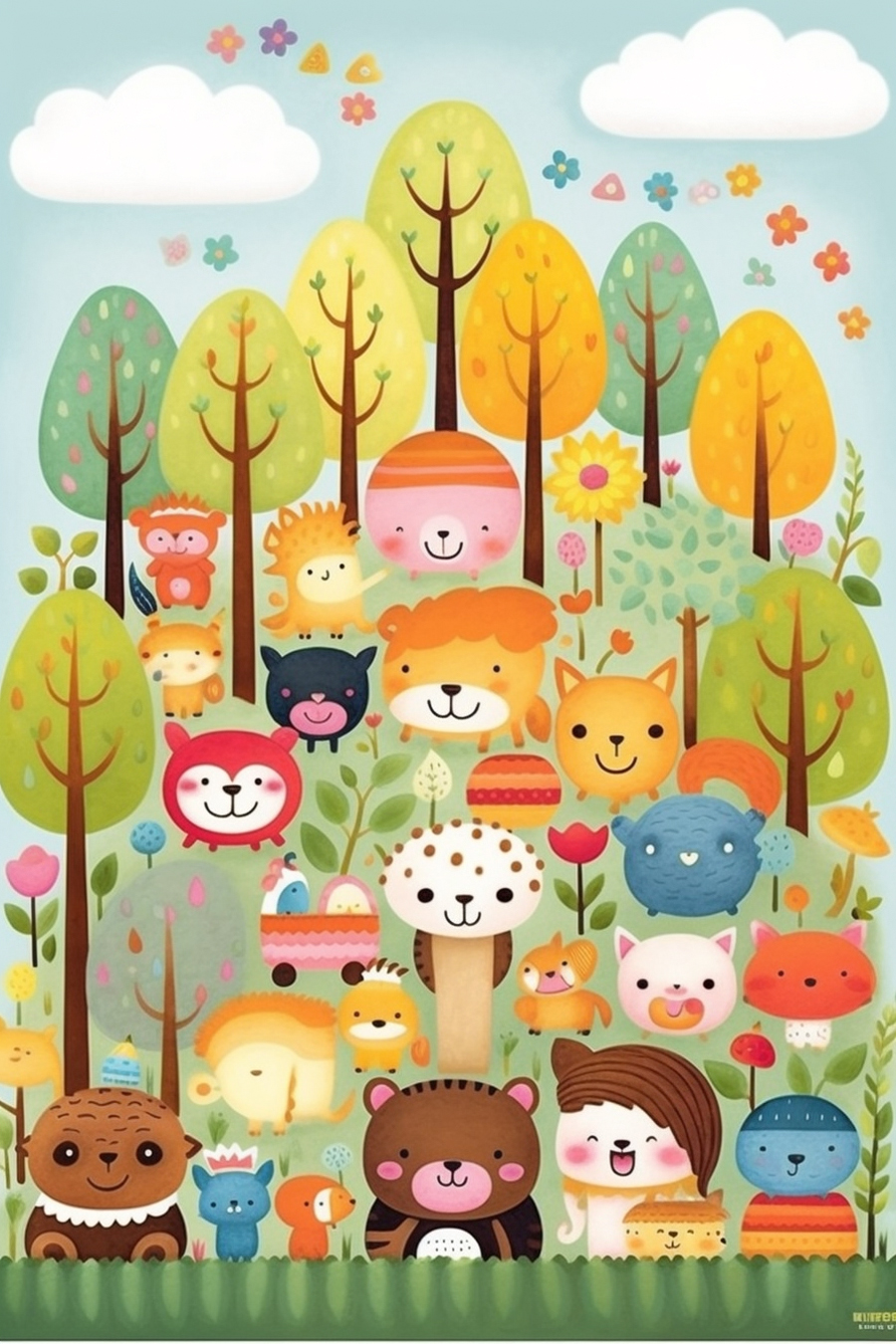 A poster with a group of cartoon animals in the forest.