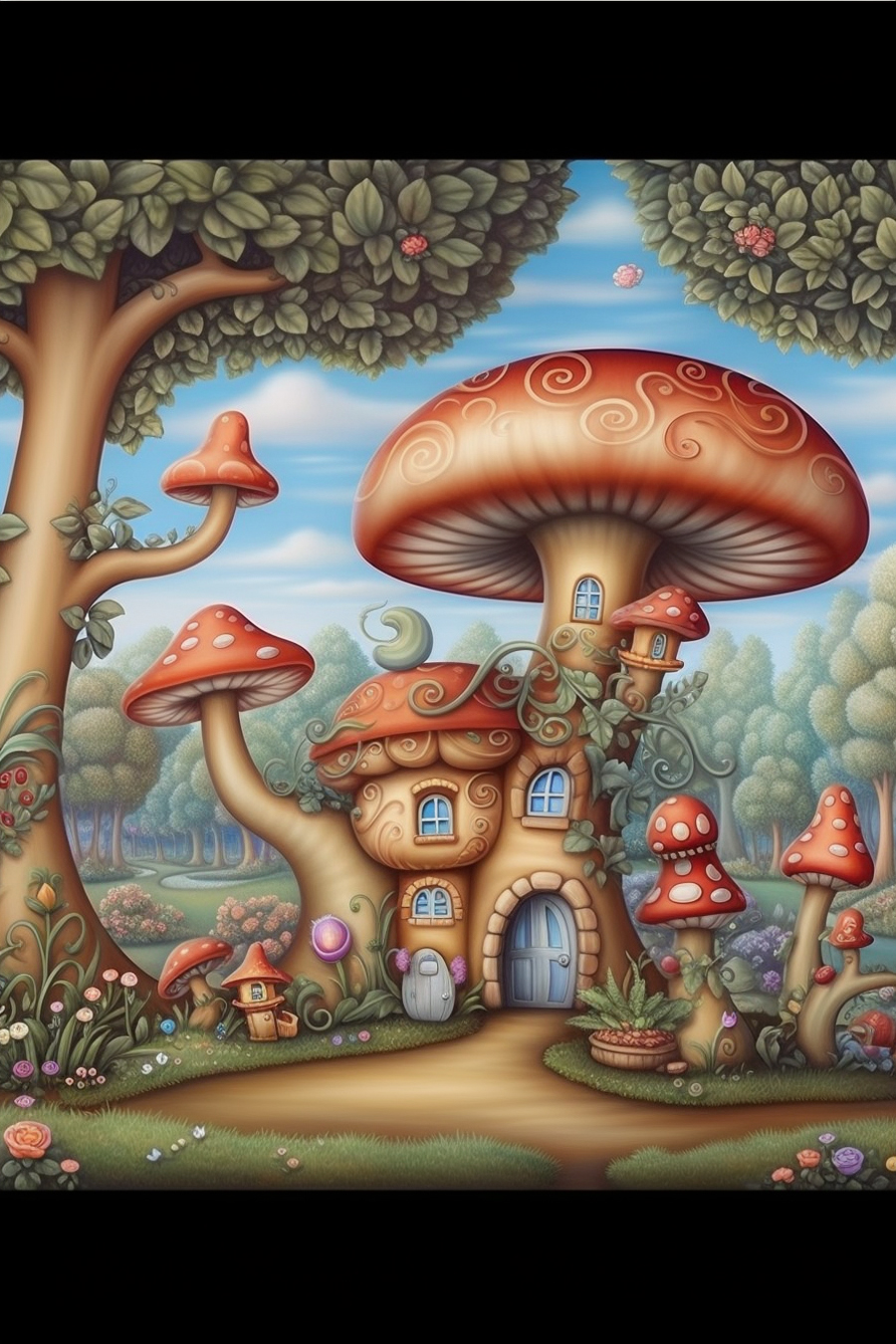 A painting of a mushroom house in the forest.