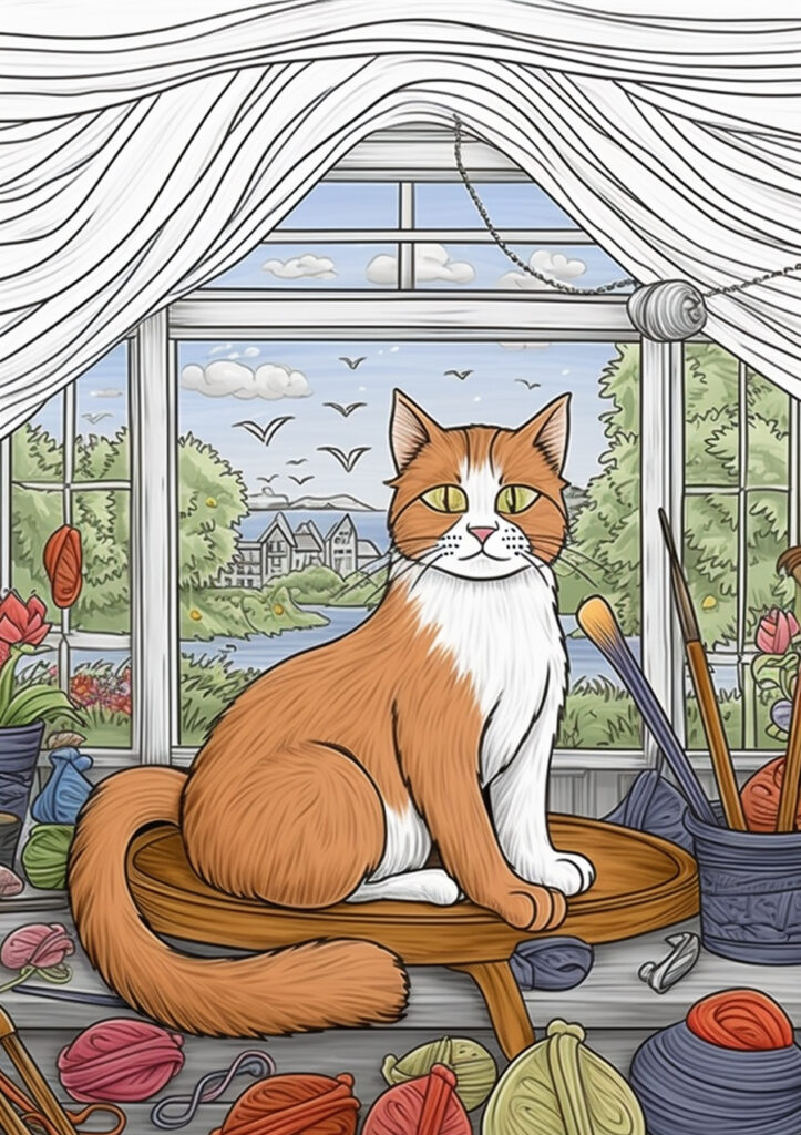 An image of a cat sitting ibeside a window coloring page.