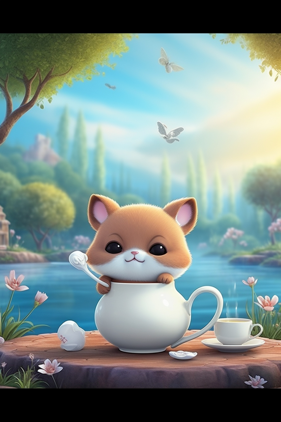 A cute kitty is sitting in a teacup on a wooden table.