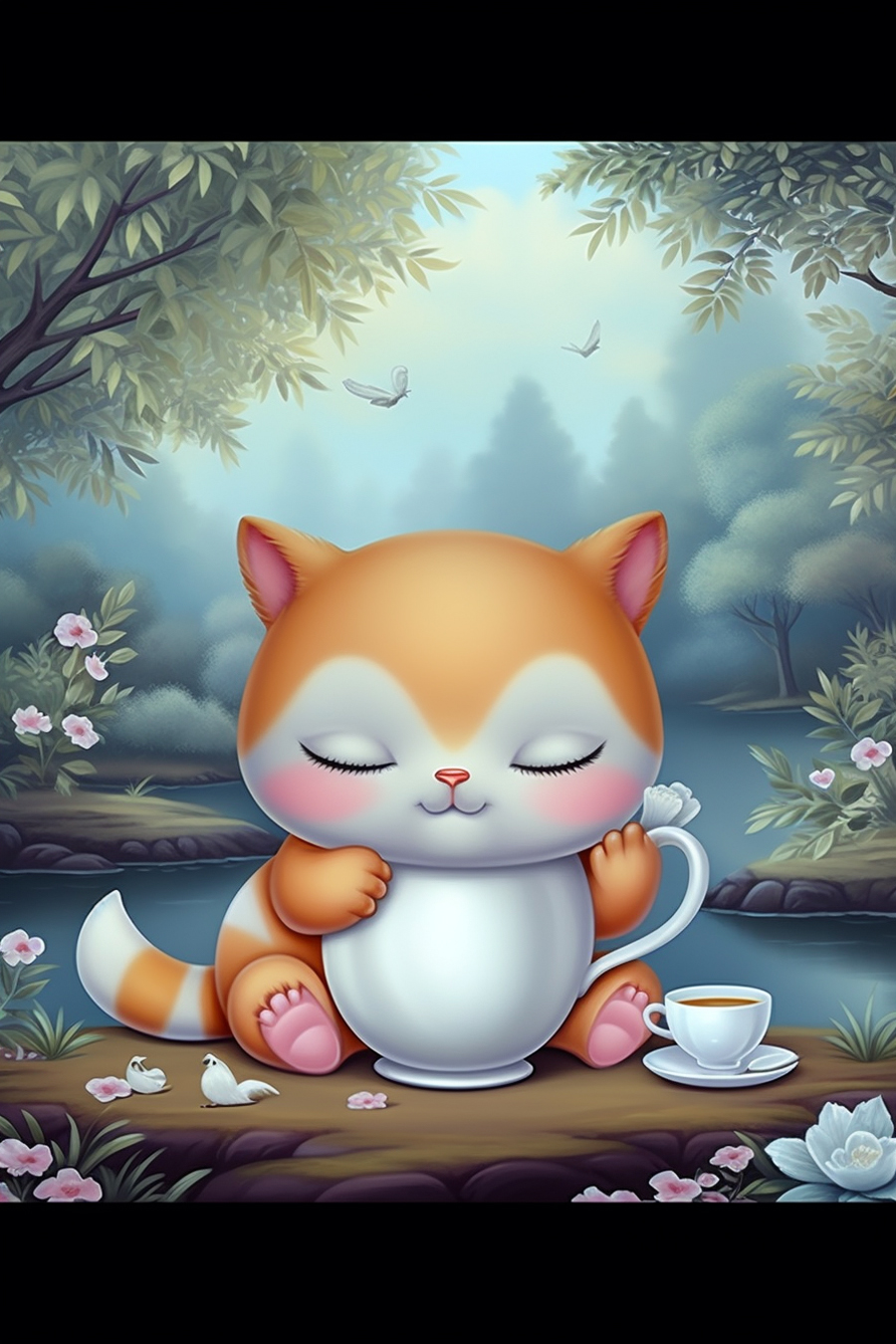 A cat with a cup of tea on the ground.