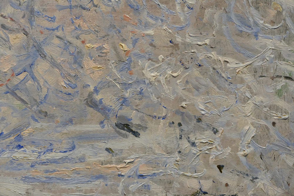 A painting with blue and white paint on it.