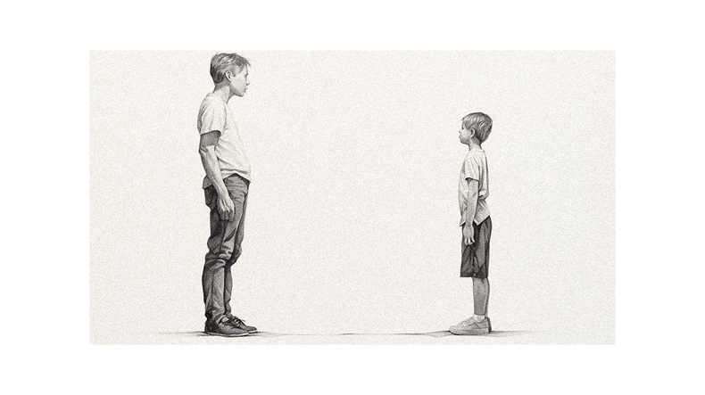 A drawing of a man and a boy standing next to each other.