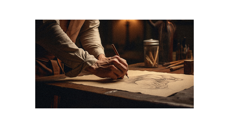 A man is drawing on a piece of paper.