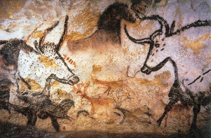 A painting of animals in a cave.