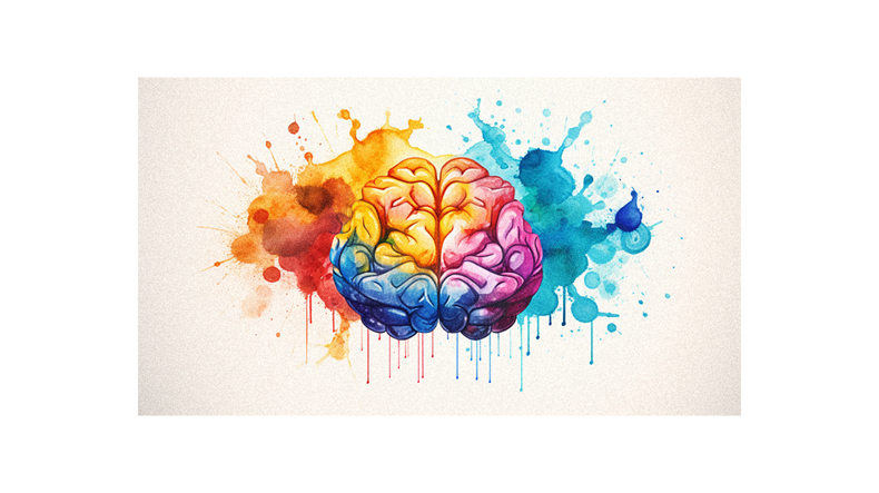 A colorful brain with paint splatters on it.