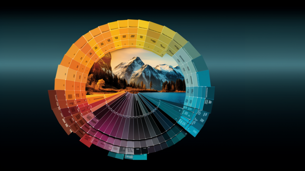 An image of a color wheel with mountains in the background.
