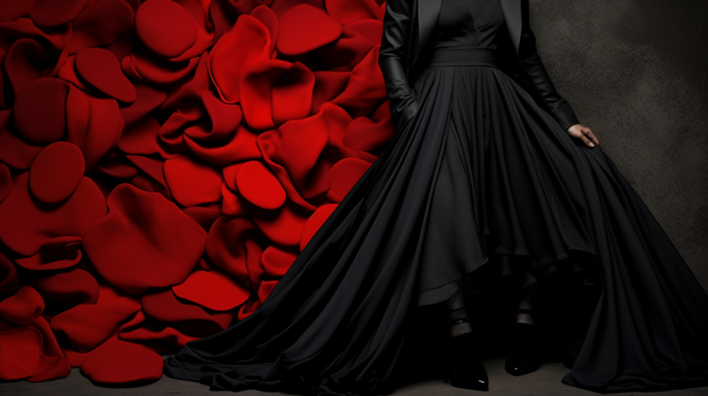 A woman in a black dress posing in front of rose petals.