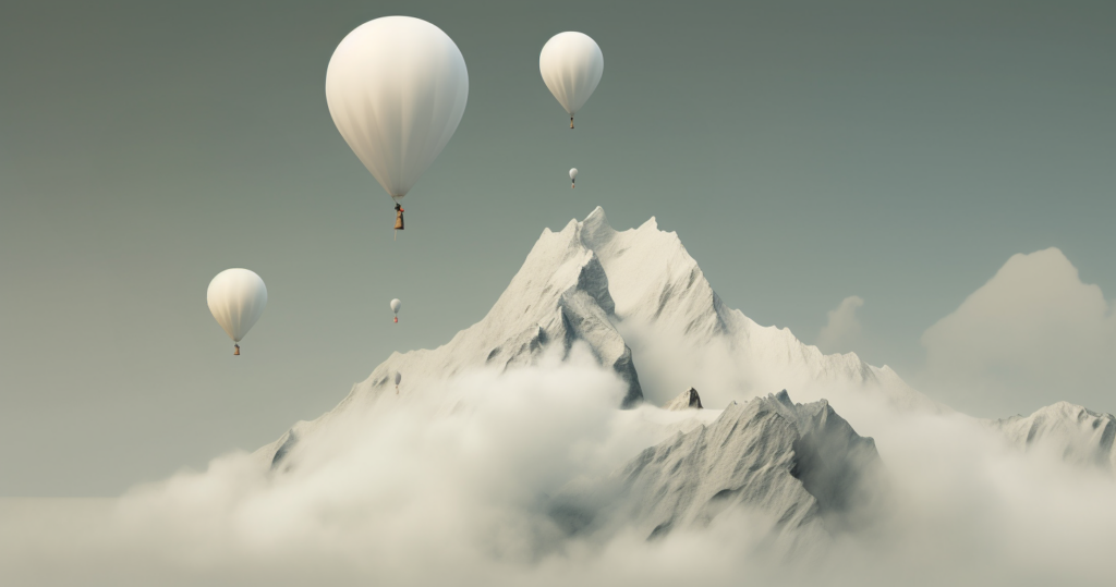 A group of hot air balloons flying over a mountain.
