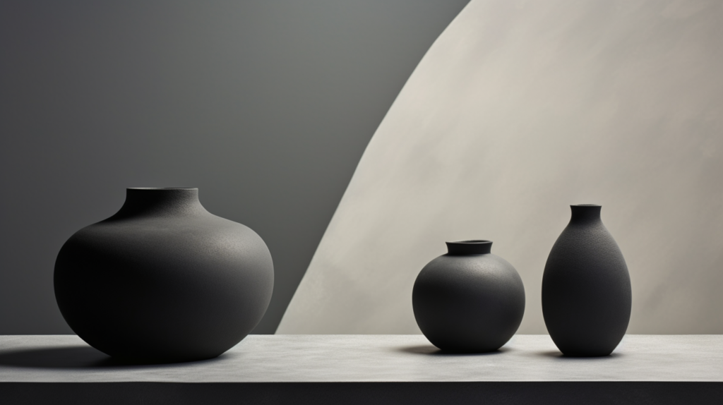 Three black vases on a table.