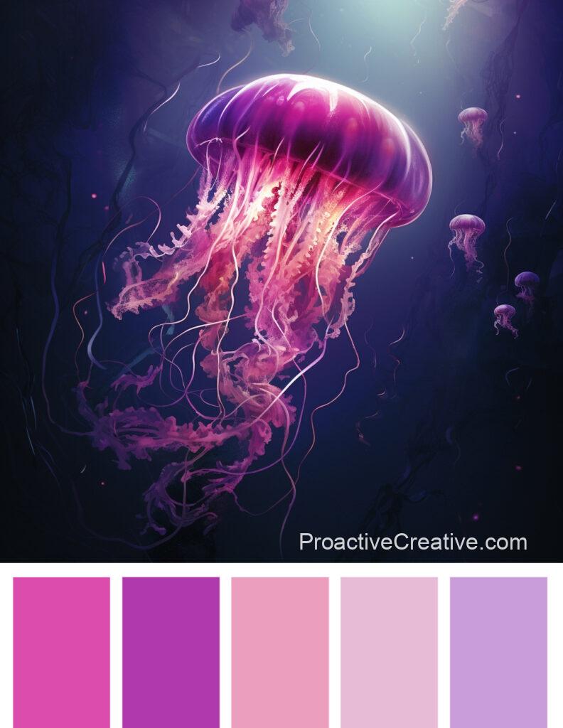 A pink and purple color palette with a jellyfish.