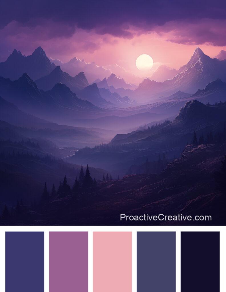 A purple and pink color palette with mountains in the background.