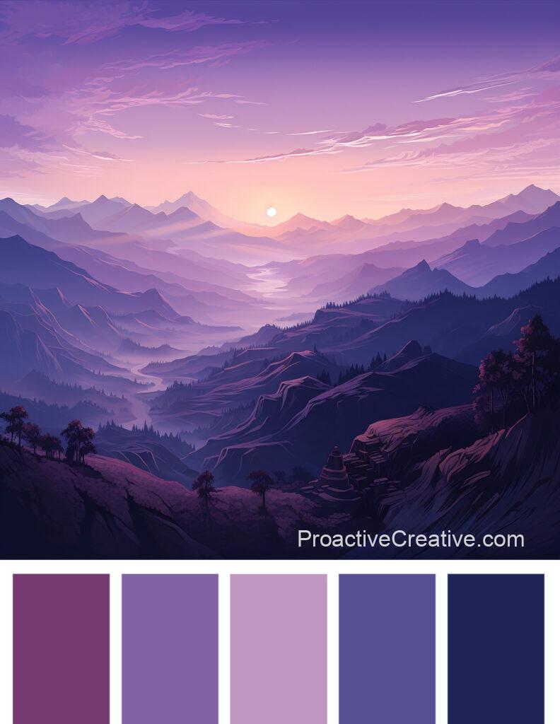 A purple and purple color palette with mountains in the background.
