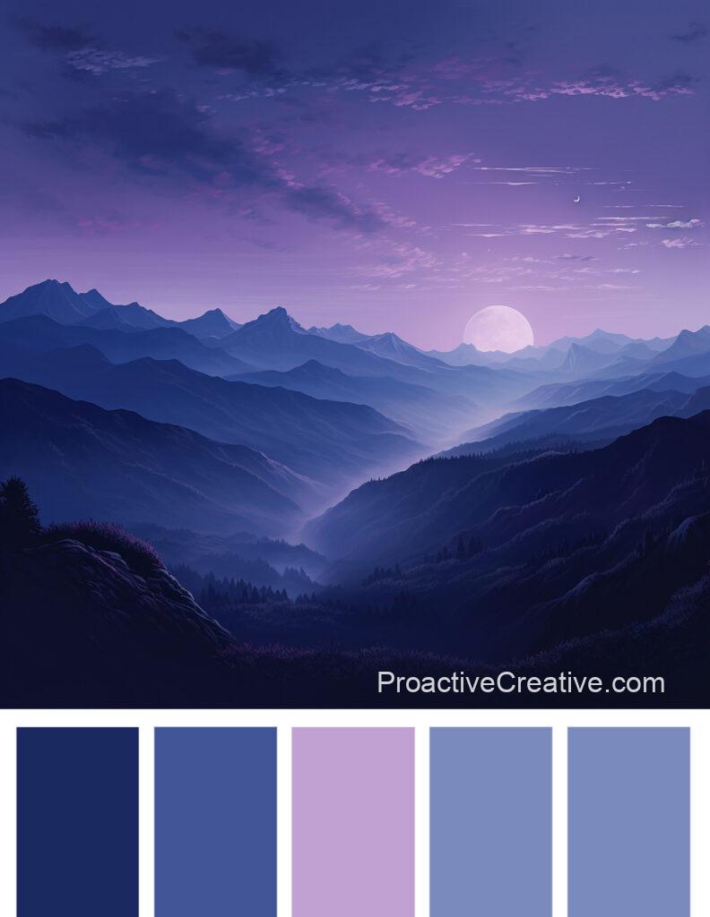A purple and blue color palette with mountains in the background.