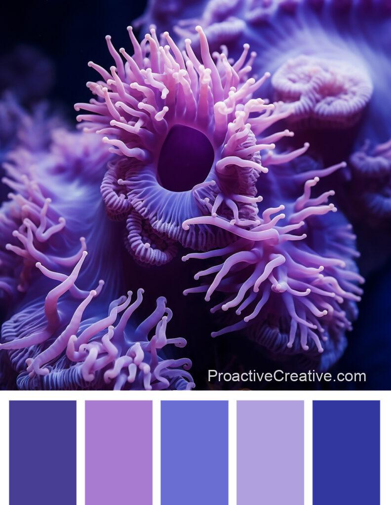A purple color palette with an image of an anemone.