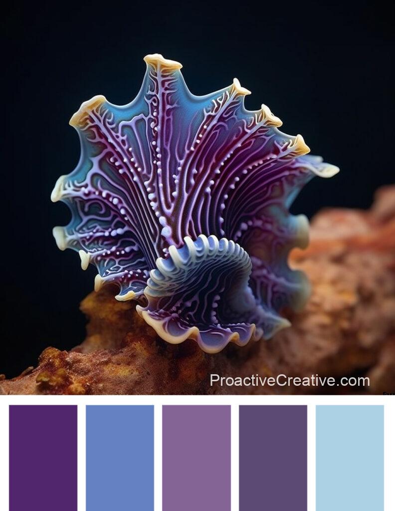 A purple and blue color palette with a sea shell.