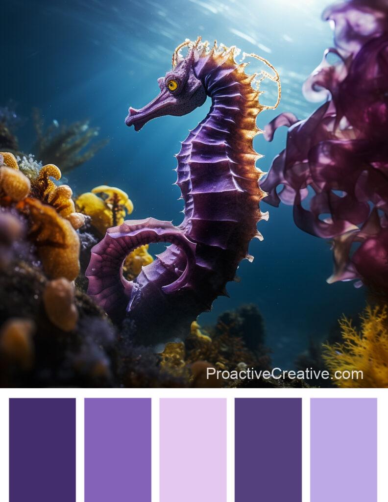 A seahorse in a purple color palette.