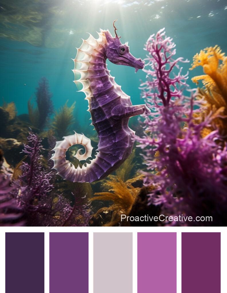 A seahorse in the ocean with a purple color palette.