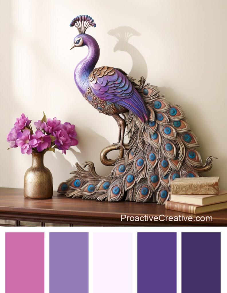 A purple and pink color scheme with a peacock on a shelf.