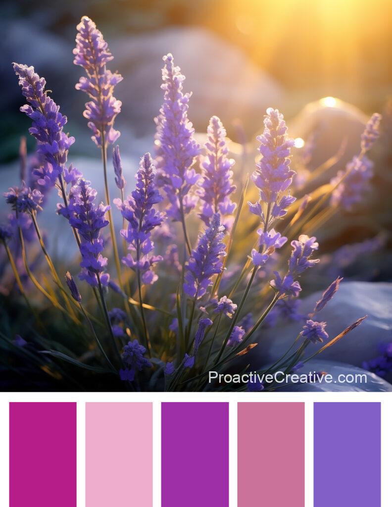 A color palette with purple, pink, and lavender flowers.