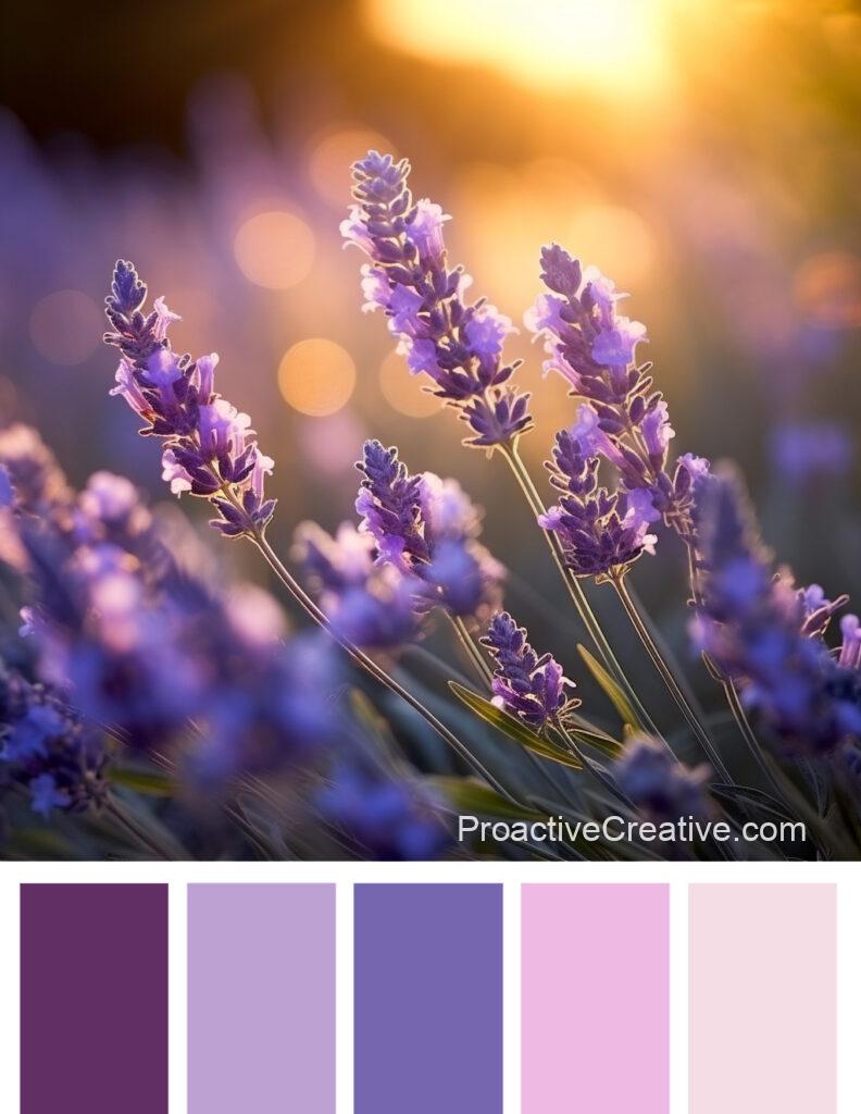 Lavender color palette with purple and lavender flowers.