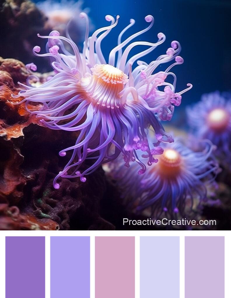 A purple color palette with an anemone in the background.