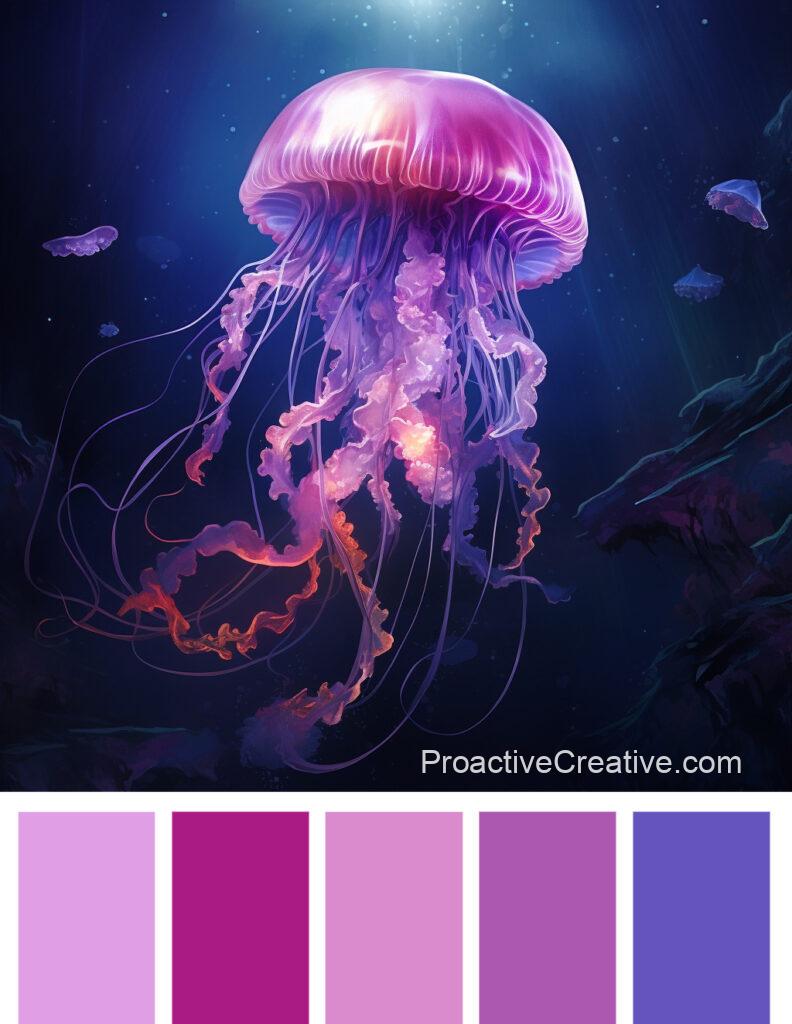 A purple color palette with a jellyfish in the background.