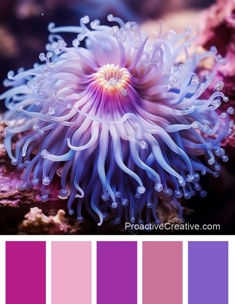 A blue and purple color palette with an anemone.