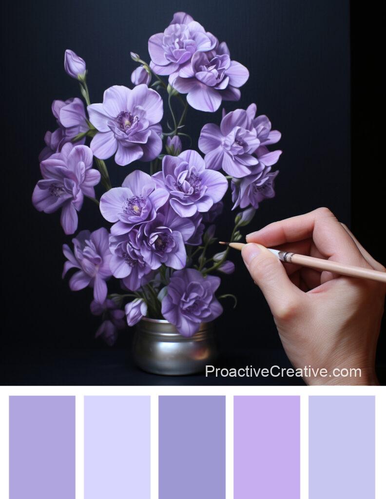 A person is painting purple flowers on a black background.