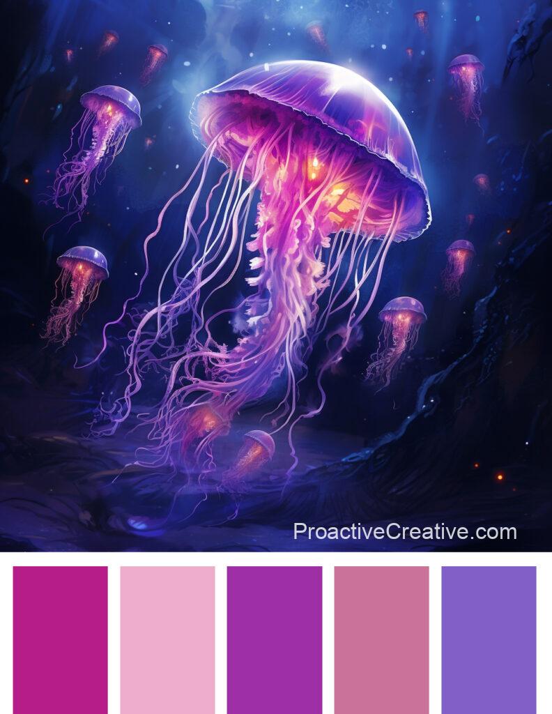 A purple and pink color palette with a jellyfish.